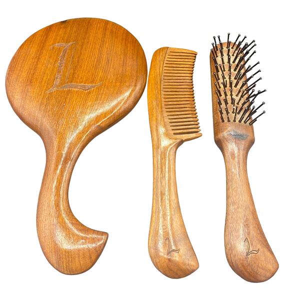 Unbranded Other - Wooden handheld tooth comb, paddle mirror and Hair Brush set monogrammed L